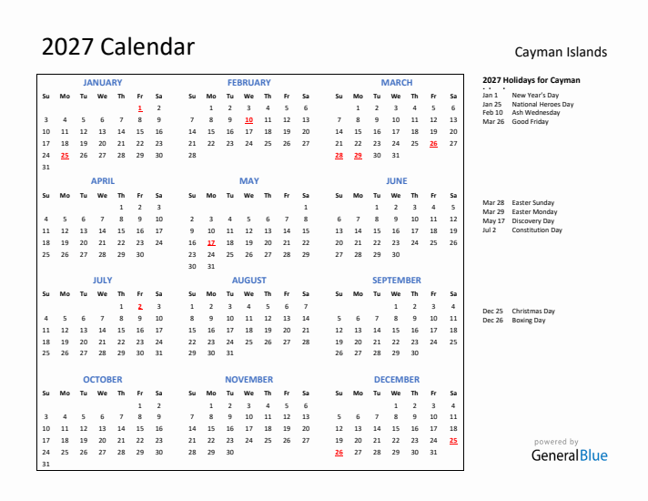 2027 Calendar with Holidays for Cayman Islands