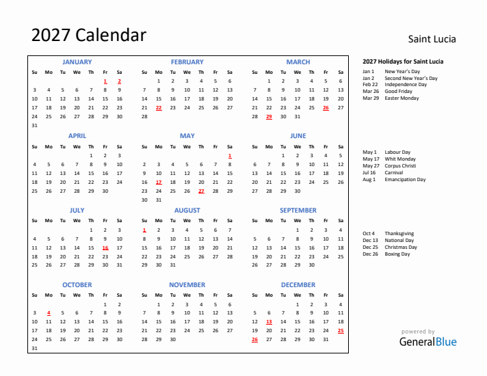 2027 Calendar with Holidays for Saint Lucia