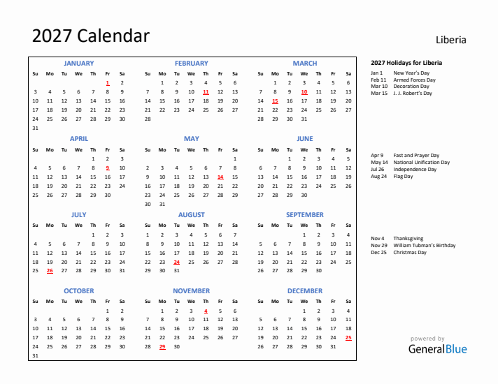 2027 Calendar with Holidays for Liberia