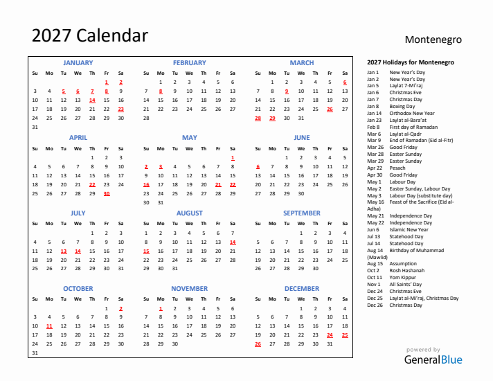 2027 Calendar with Holidays for Montenegro