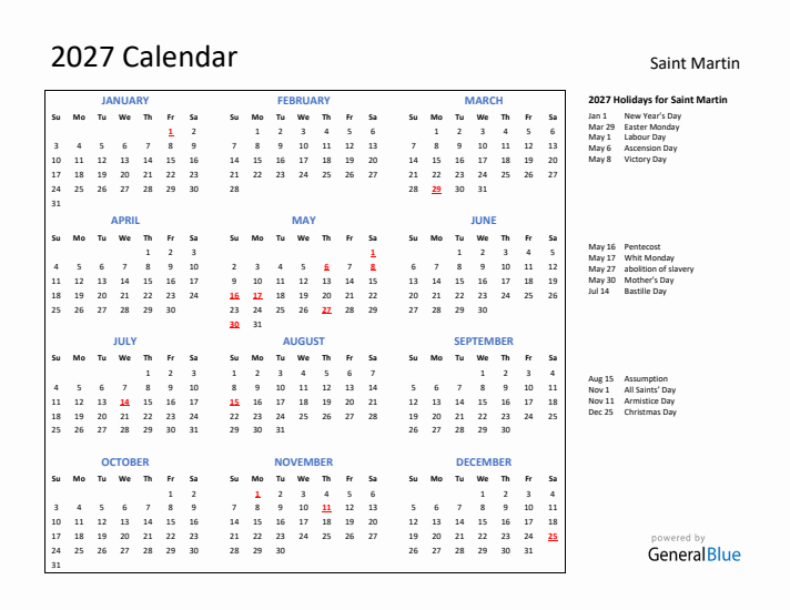 2027 Calendar with Holidays for Saint Martin