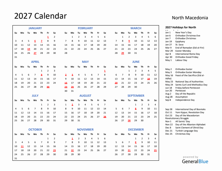 2027 Calendar with Holidays for North Macedonia