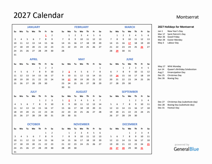 2027 Calendar with Holidays for Montserrat