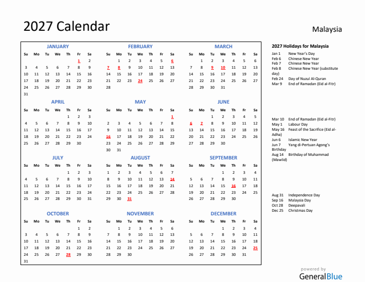 2027 Calendar with Holidays for Malaysia