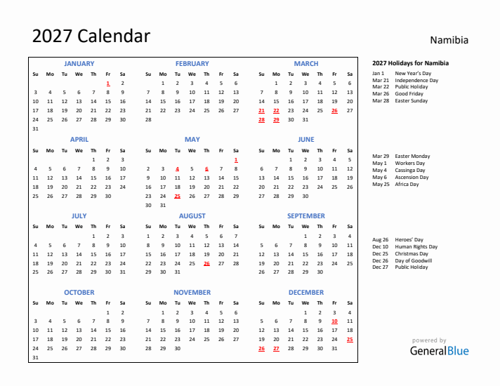 2027 Namibia Calendar With Holidays 2027 Namibia Calendar With Holidays