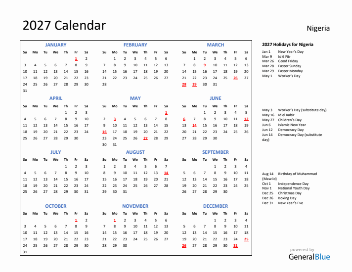 2027 Calendar with Holidays for Nigeria