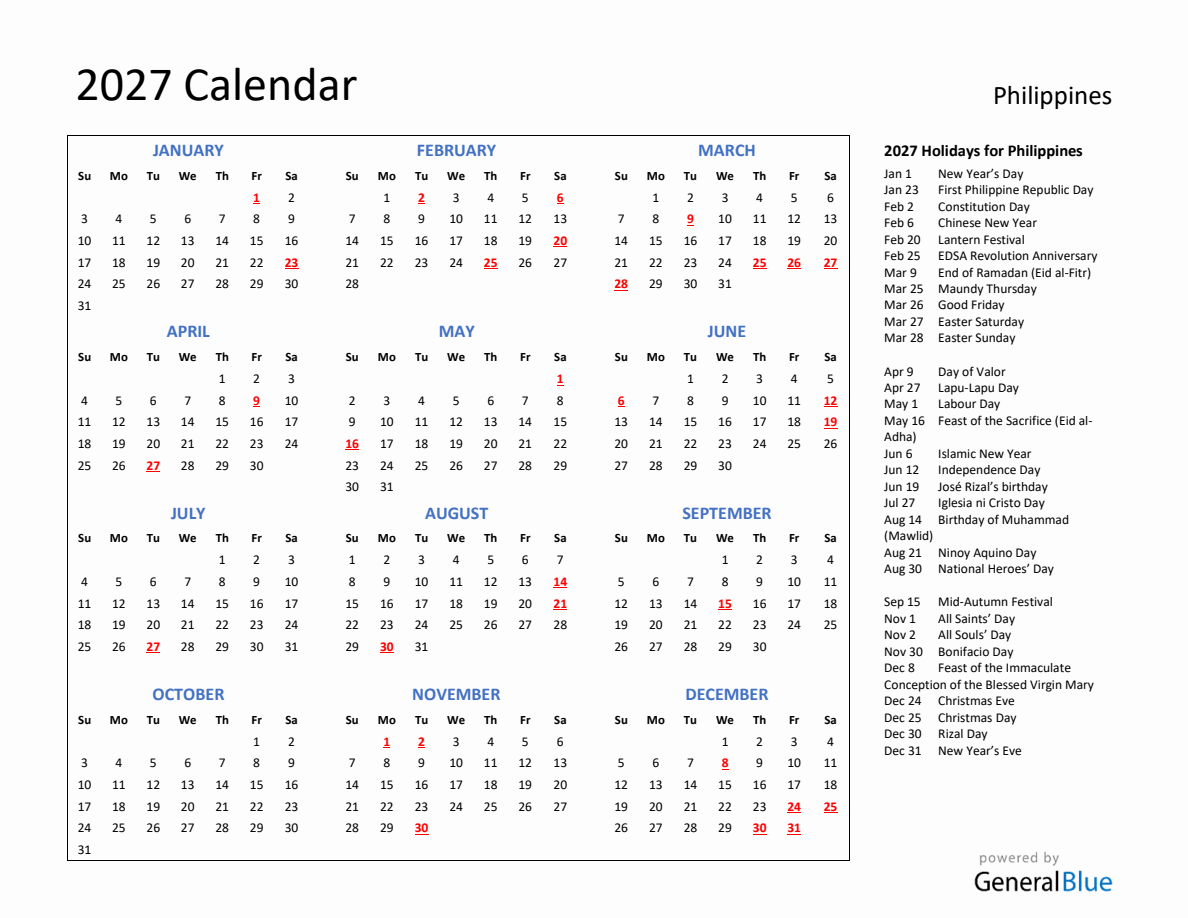 2027 Calendar with Holidays for Philippines