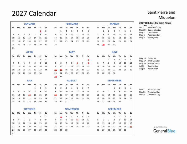 2027 Calendar with Holidays for Saint Pierre and Miquelon