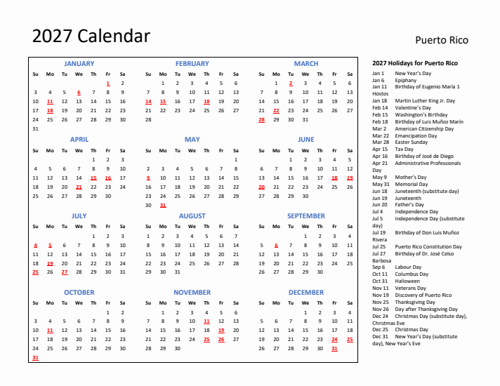 2027 Calendar with Holidays for Puerto Rico