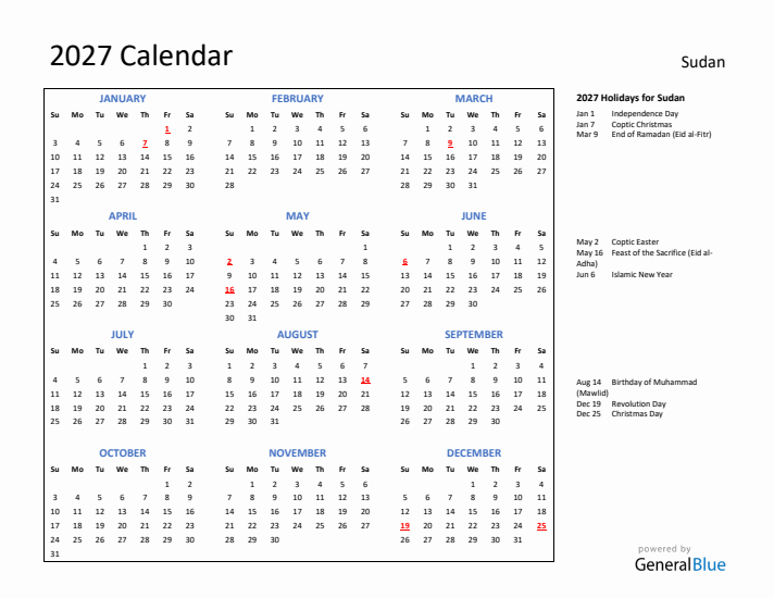 2027 Calendar with Holidays for Sudan