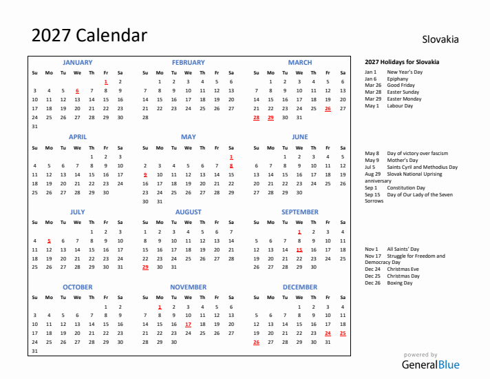 2027 Calendar with Holidays for Slovakia