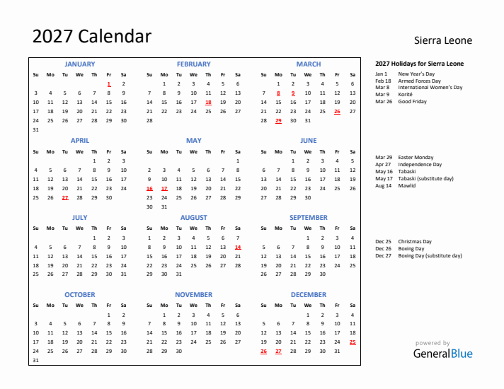 2027 Calendar with Holidays for Sierra Leone