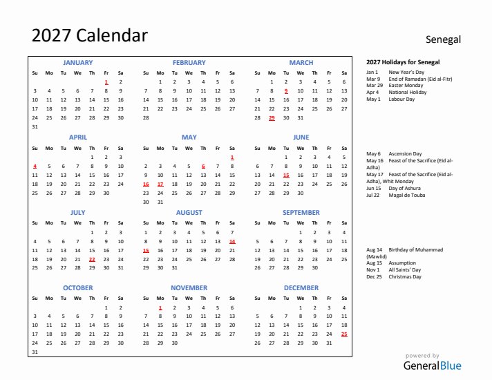 2027 Calendar with Holidays for Senegal