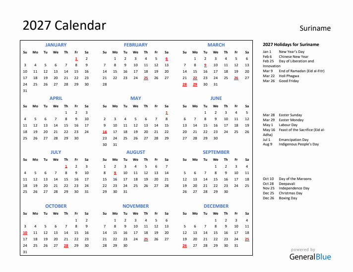 2027 Calendar with Holidays for Suriname