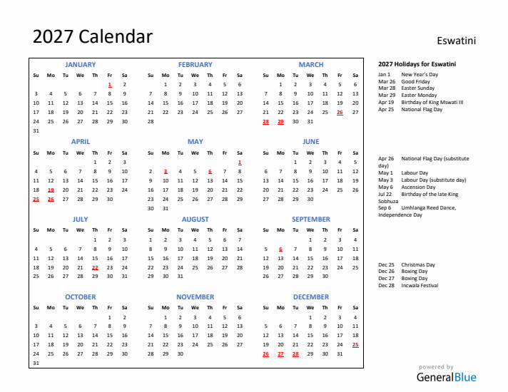 2027 Calendar with Holidays for Eswatini