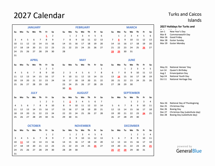 2027 Calendar with Holidays for Turks and Caicos Islands