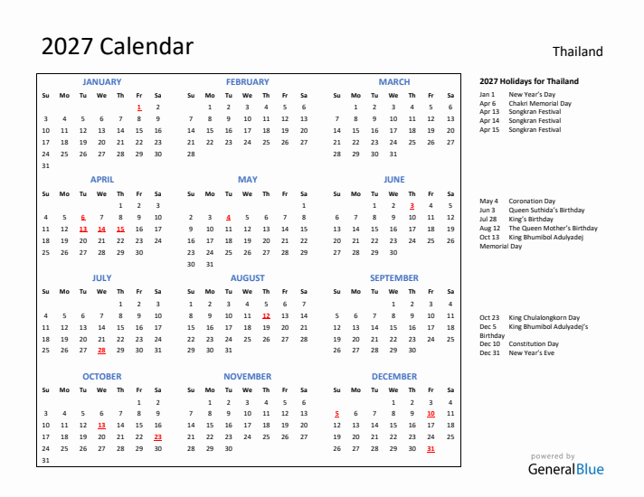 2027 Calendar with Holidays for Thailand