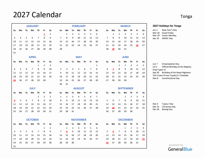 2027 Calendar with Holidays for Tonga