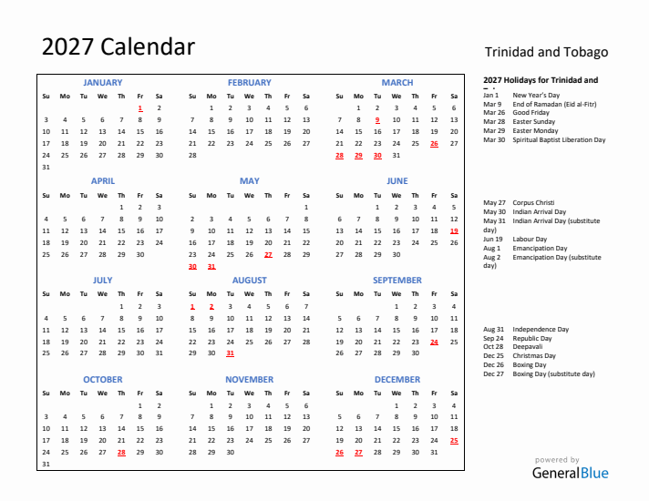 2027 Calendar with Holidays for Trinidad and Tobago