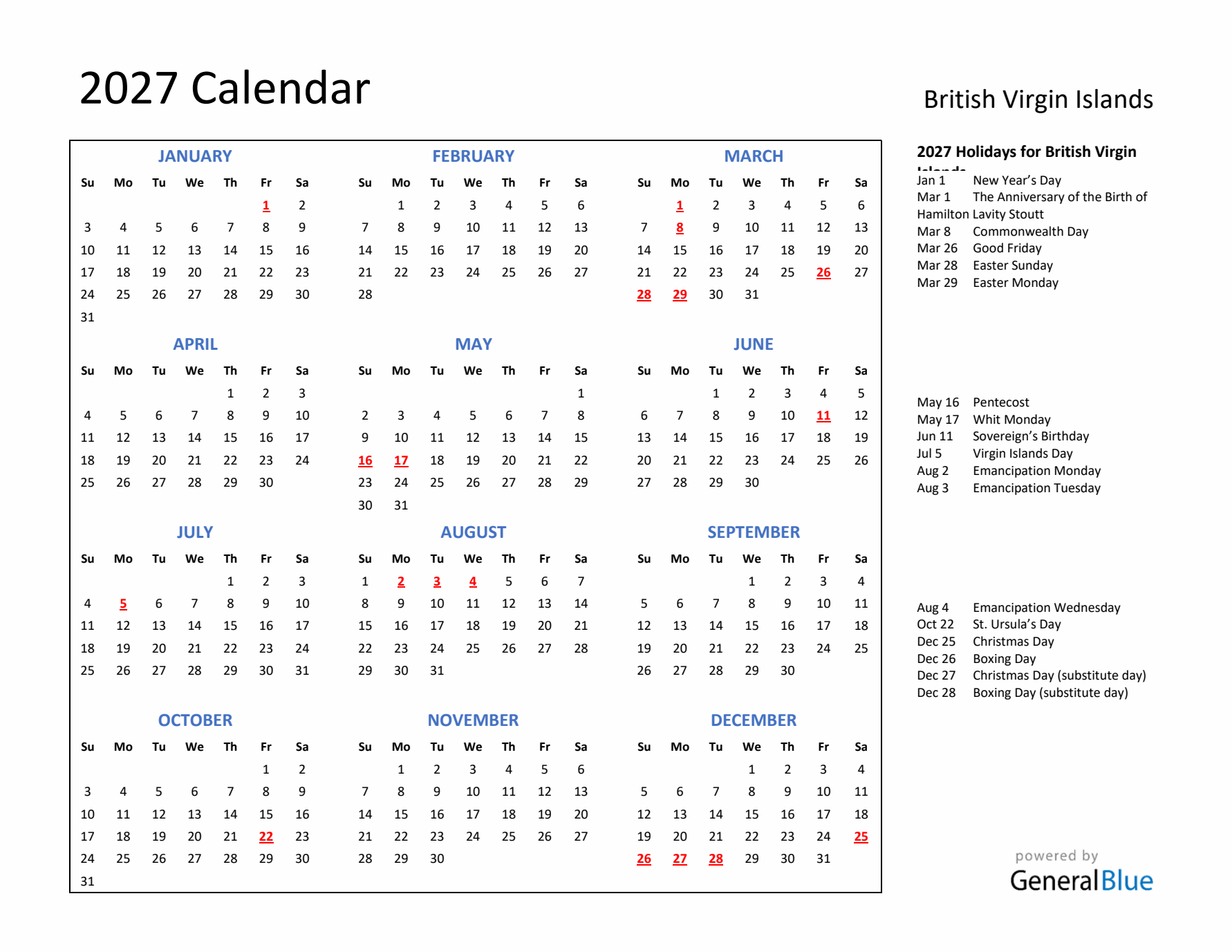 2027 Calendar with Holidays for British Virgin Islands