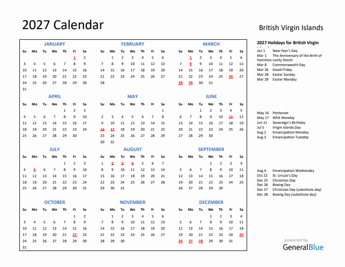 2027 Calendar with Holidays for British Virgin Islands