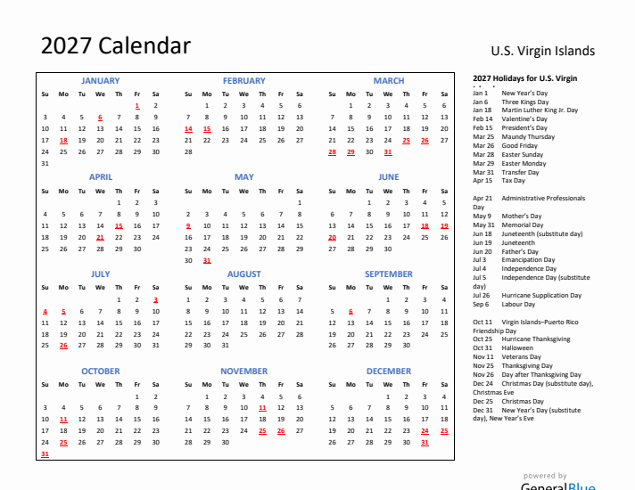 2027 Calendar with Holidays for U.S. Virgin Islands