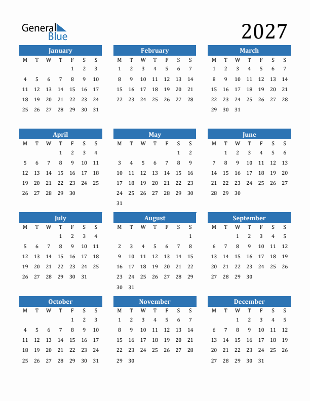 2027 Yearly Calendar Templates With Monday Start 2027 Yearly Calendar Templates With Monday Start
