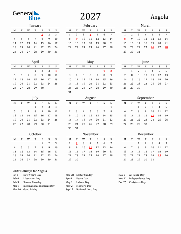 2027 Yearly Calendar For Angola With Holidays 2027 Yearly Calendar For Angola With Holidays