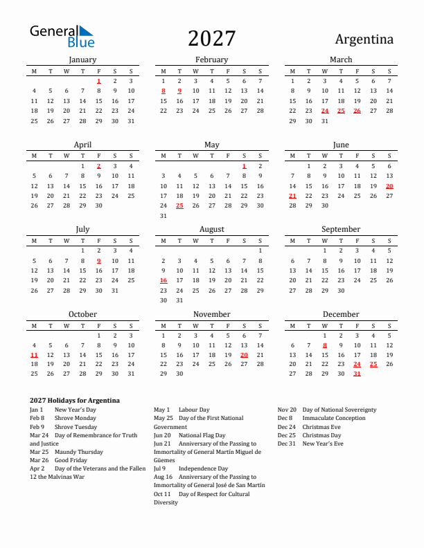 Argentina Holidays Calendar for 2027