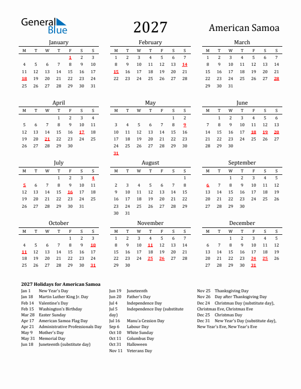 American Samoa Holidays Calendar for 2027