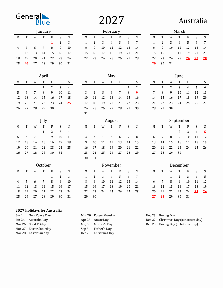 Free Australia Holidays Calendar for Year 2027 - Monday Start