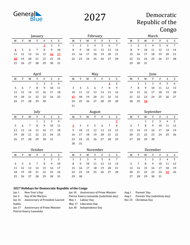 Democratic Republic of the Congo Holidays Calendar for 2027
