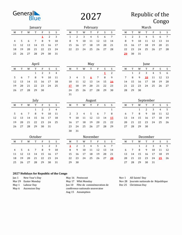 Republic of the Congo Holidays Calendar for 2027
