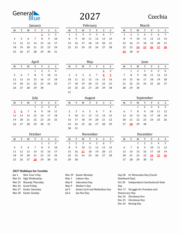 Czechia Holidays Calendar for 2027