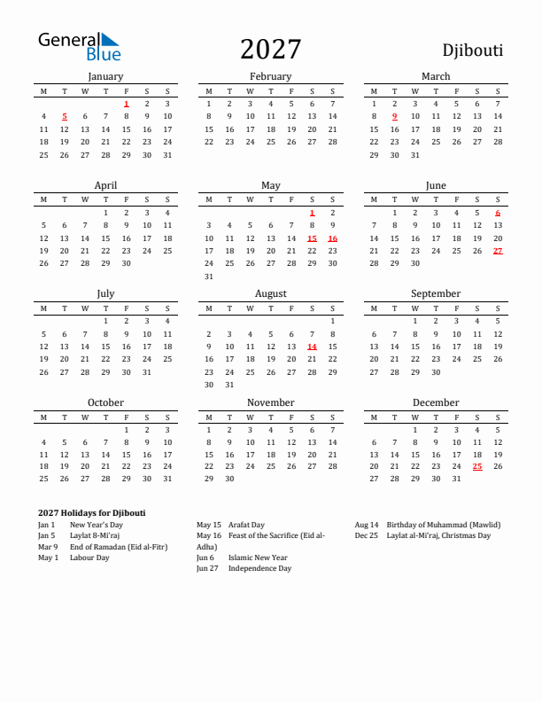 Djibouti Holidays Calendar for 2027