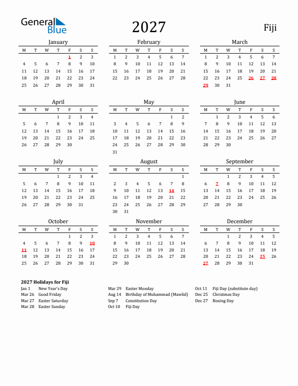 Fiji Holidays Calendar for 2027