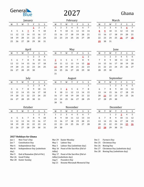 Ghana Holidays Calendar for 2027