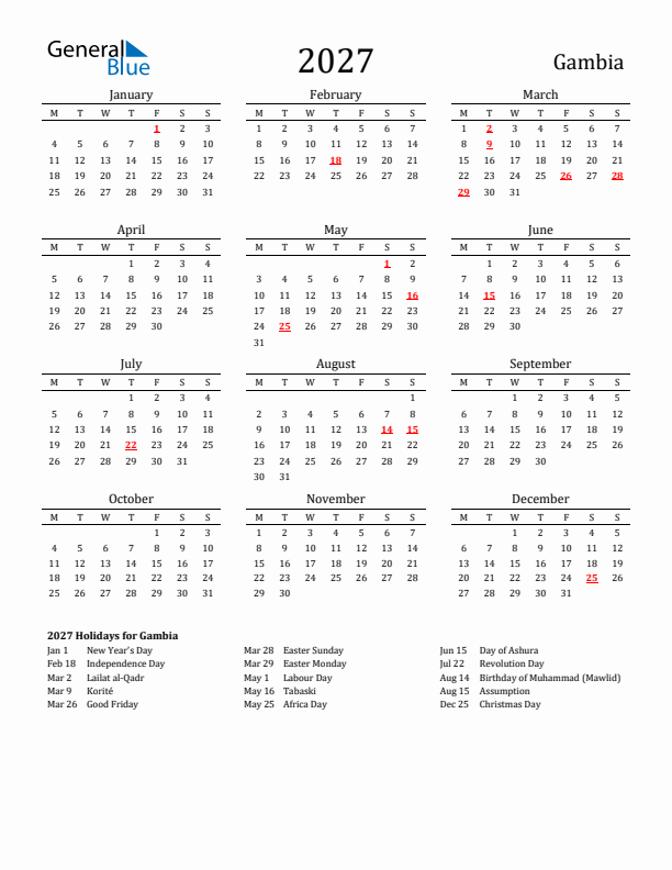 Gambia Holidays Calendar for 2027