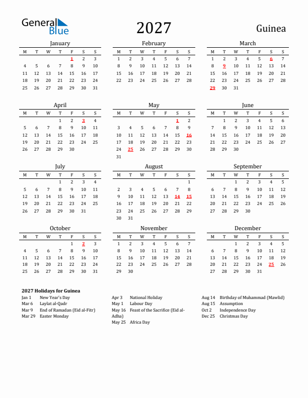 Guinea Holidays Calendar for 2027
