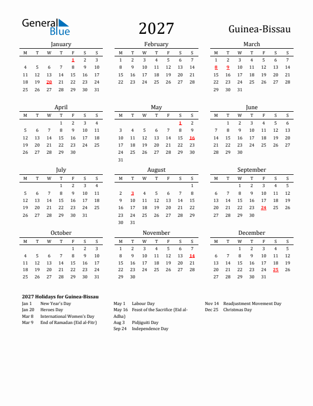 Guinea-Bissau Holidays Calendar for 2027