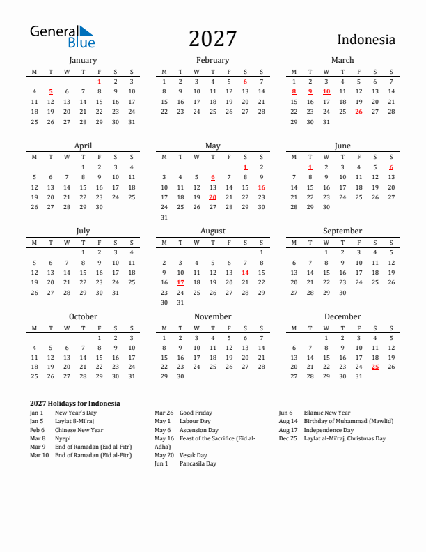 Indonesia Holidays Calendar for 2027