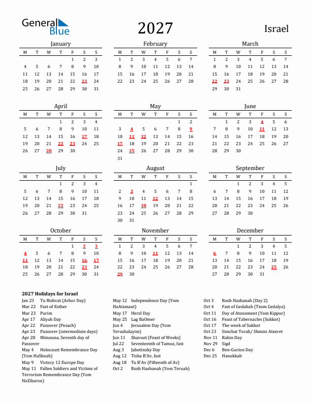 Israel Holidays Calendar for 2027