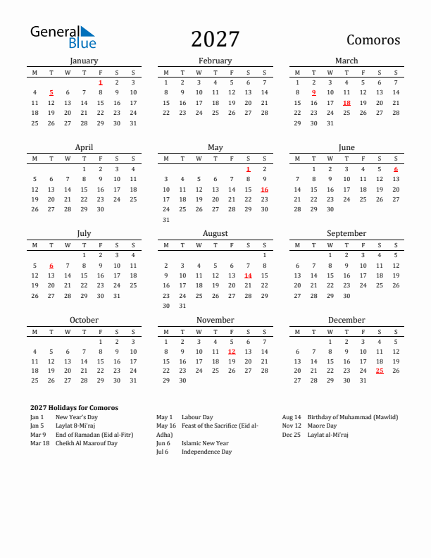 Comoros Holidays Calendar for 2027