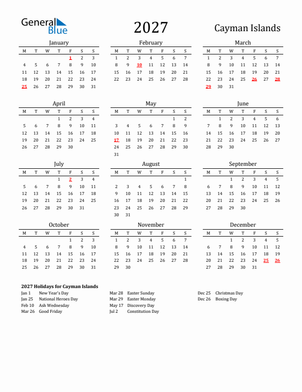 Cayman Islands Holidays Calendar for 2027