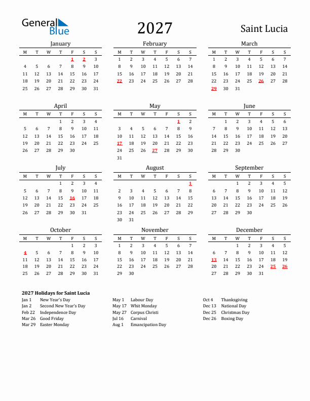 Saint Lucia Holidays Calendar for 2027