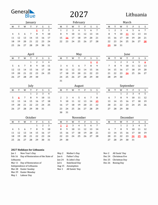 Lithuania Holidays Calendar for 2027