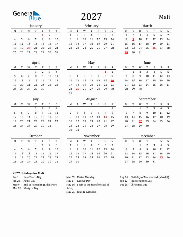 Mali Holidays Calendar for 2027