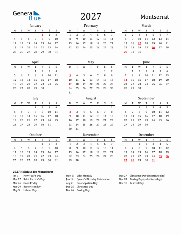 Montserrat Holidays Calendar for 2027