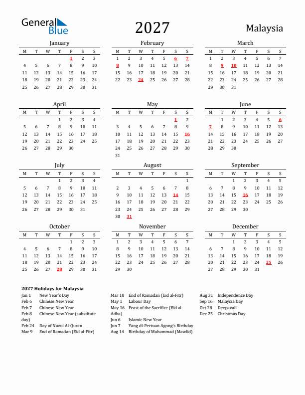 Malaysia Holidays Calendar for 2027