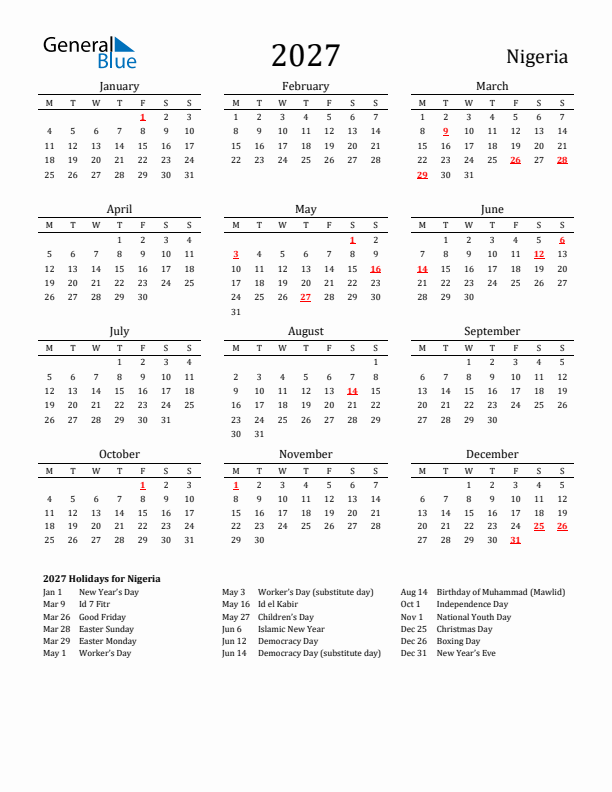 Nigeria Holidays Calendar for 2027